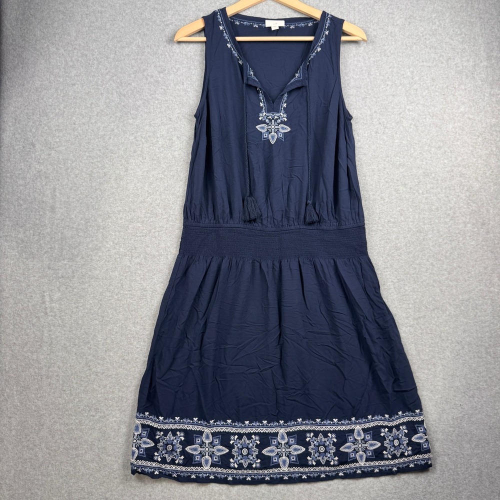 J Jill Dress Womens Small Navy Blue Embroidered Boho Sleeveless Smocked Waist